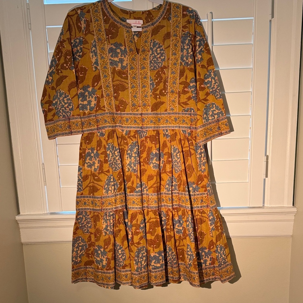 Mary Marshmallow Floral Print Tiered Dress - Mustard & Blue